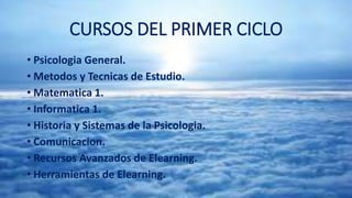 CURSOS DEL PRIMER CICLO
• Psicologia General.
• Metodos y Tecnicas de Estudio.
• Matematica 1.
• Informatica 1.
• Historia y Sistemas de la Psicologia.
• Comunicacion.
• Recursos Avanzados de Elearning.
• Herramientas de Elearning.
 