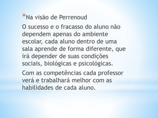 *Na visão de Perrenoud
O sucesso e o fracasso do aluno não
dependem apenas do ambiente
escolar, cada aluno dentro de uma
sala aprende de forma diferente, que
irá depender de suas condições
sociais, biológicas e psicológicas.
Com as competências cada professor
verá e trabalhará melhor com as
habilidades de cada aluno.
 
