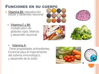 FUNCIONES EN SU CUERPO
 Vitamina B6: reproducción
celular y desarrollo neuronal
• Vitamina E y B6:
multiplication de
globulos rojos, blancos
y desarrollo neuronal
• Vitamina A:
Tiene propiedades antioxidantes,
Escencial para el mejoramiento
del sistema inmunologico,
y desarrollo de la visión
 