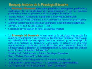 Bosquejo histórico de la Psicología Educativa
•
•
•
•
•
•
•

•
•
•
•
•

La Psicología Diferencial tiene como propósito la descripción, predicción y
explicación de la variabilidad del comportamiento y de los procesos
psicológicos entre las personas o entre los grupos de personas.
Francis Galton (considerado el padre de la Psicología Diferencial).
James McKeen Catell (impulso el uso de pruebas de medición psicológica).
Lightner Witmer (como afectan las diferencias al rendimiento académico).
Alfred Binet (Test de Inteligencia – 1905).
Cyril Burt (Investigación en niños con retraso mental)
La Psicología del Desarrollo es una rama de la psicología que estudia los
cambios conductuales y psicológicos de las personas, durante el periodo que
se extiende desde su concepción hasta su muerte, y en todo tipo de
ambientes, tratando de describirlo y explicarlo en relación con el propio
sujeto, así como en relación con las diferencias que existen entre ellos; a fin
de poder llegar a predecir los comportamientos y, como dirían los teóricos
del ciclo vital, "optimizar el desarrollo".
Stanley Hall (Adolescencia – Primer Psicólogo Educativo).
Henry Wallon (Desarrollo y Educación).
Jean Piaget (Teoría Psicogenética – El desarrollo intelectual).
Erik Erikson (Teoría Psicosocial – El desarrollo de la personalidad).
Lev Vigotsky (Teoría Sociocultural – ZDP / Andamiaje).

 