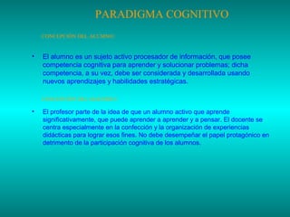 PARADIGMA COGNITIVO
CONCEPCIÓN DEL ALUMNO:

•

El alumno es un sujeto activo procesador de información, que posee
competencia cognitiva para aprender y solucionar problemas; dicha
competencia, a su vez, debe ser considerada y desarrollada usando
nuevos aprendizajes y habilidades estratégicas.
CONCEPCIÓN DEL MAESTRO:

•

El profesor parte de la idea de que un alumno activo que aprende
significativamente, que puede aprender a aprender y a pensar. El docente se
centra especialmente en la confección y la organización de experiencias
didácticas para lograr esos fines. No debe desempeñar el papel protagónico en
detrimento de la participación cognitiva de los alumnos.

 