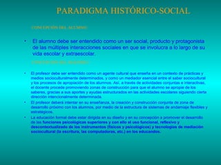 PARADIGMA HISTÓRICO-SOCIAL
CONCEPCIÓN DEL ALUMNO:

•

El alumno debe ser entendido como un ser social, producto y protagonista
de las múltiples interacciones sociales en que se involucra a lo largo de su
vida escolar y extraescolar.
CONCEPCIÓN DEL MAESTRO:

•

•

•

El profesor debe ser entendido como un agente cultural que enseña en un contexto de prácticas y
medios socioculturalmente determinados, y como un mediador esencial entre el saber sociocultural
y los procesos de apropiación de los alumnos. Así, a través de actividades conjuntas e interactivas,
el docente procede promoviendo zonas de construcción para que el alumno se apropie de los
saberes, gracias a sus aportes y ayudas estructurados en las actividades escolares siguiendo cierta
dirección intencionalmente determinada.
El profesor deberá intentar en su enseñanza, la creación y construcción conjunta de zona de
desarrollo próximo con los alumnos, por medio de la estructura de sistemas de andamiaje flexibles y
estratégicos.
La educación formal debe estar dirigida en su diseño y en su concepción a promover el desarrollo
de las funciones psicológicas superiores y con ello el uso funcional, reflexivo y
descontextualizado de los instrumentos (físicos y psicológicos) y tecnologías de mediación
sociocultural (la escritura, las computadoras, etc.) en los educandos.

 