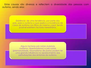 Estas causas são diversas e reflectem a diversidade das pessoas com
autismo, sendo elas:




           Existência de uma tendência, por parte dos
        pais, para o autismo o que explica a incidência de
        casos de autismo nos filhos do mesmo casal. Sendo
               possível existirem factores hereditários.




               Alguns factores pré natais (rubéola
              materna, hipertiroidismo) e pré-natais
        (prematuridade, traumatismo de parto) podem ter
           uma grande influência no aparecimento das
             perturbações dos sintomas do autismo.
 