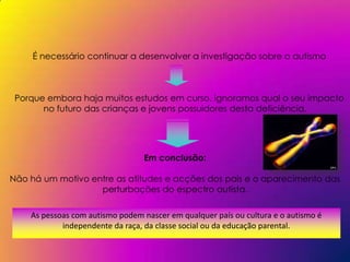 É necessário continuar a desenvolver a investigação sobre o autismo



 Porque embora haja muitos estudos em curso, ignoramos qual o seu impacto
       no futuro das crianças e jovens possuidores desta deficiência.




                                 Em conclusão:

Não há um motivo entre as atitudes e acções dos pais e o aparecimento das
                   perturbações do espectro autista.

    As pessoas com autismo podem nascer em qualquer país ou cultura e o autismo é
            independente da raça, da classe social ou da educação parental.
 