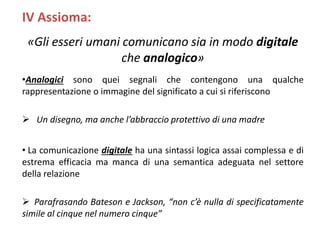 «Gli esseri umani comunicano sia in modo digitale
che analogico»
•Analogici sono quei segnali che contengono una qualche
rappresentazione o immagine del significato a cui si riferiscono
 Un disegno, ma anche l’abbraccio protettivo di una madre
• La comunicazione digitale ha una sintassi logica assai complessa e di
estrema efficacia ma manca di una semantica adeguata nel settore
della relazione
 Parafrasando Bateson e Jackson, “non c’è nulla di specificatamente
simile al cinque nel numero cinque”
IV Assioma:
 
