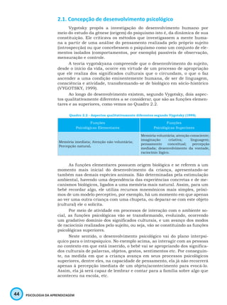 44 PSICOLOGIA DA APRENDIZAGEM
2.1. Concepção de desenvolvimento psicológico
Vygotsky propôs a investigação do desenvolvimento humano por
meio do estudo da gênese (origem) do psiquismo isto é, da dinâmica de sua
constituição. Ele criticava os métodos que investigassem a mente huma-
na a partir de uma análise do pensamento realizada pelo próprio sujeito
(introspecção) ou que concebessem o psiquismo como um conjunto de ele-
mentos isolados (comportamentos, por exemplo) passíveis de observação,
mensuração e controle.
A teoria vygotskyana compreende que o desenvolvimento do sujeito,
desde o início da vida, ocorre em virtude de um processo de apropriação
que ele realiza dos significados culturais que o circundam, o que o faz
ascender a uma condição eminentemente humana, de ser de linguagem,
consciência e atividade, transformando-se de biológico em sócio-histórico
(VYGOTSKY, 1999).
Ao longo do desenvolvimento existem, segundo Vygotsky, dois aspec-
tos qualitativamente diferentes a se considerar, que são as funções elemen-
tares e as superiores, como vemos no Quadro 2.2.
Quadro 2.2 - Aspectos qualitativamente diferentes segundo Vygotsky (1999).
Funções
Psicológicas Elementares
Funções
Psicológicas Superiores
Memória imediata; Atenção não voluntária;
Percepção natural.
Memória voluntária; atenção consciente;
imaginação criativa; linguagem;
pensamento conceitual; percepção
mediada; desenvolvimento da vontade,
raciocínio lógico.
As funções elementares possuem origem biológica e se referem a um
momento mais inicial do desenvolvimento da criança, apresentando-se
também nas demais espécies animais. São determinadas pela estimulação
ambiental, havendo uma dependência das experiências concretas e de me-
canismos biológicos, ligados a uma memória mais natural. Assim, para um
bebê recordar algo, ele utiliza recursos mnemônicos mais simples, próxi-
mos de um modelo perceptivo, por exemplo, há um momento em que apenas
ao ver uma outra criança com uma chupeta, ou deparar-se com este objeto
(cultural) ele o solicita.
Por meio de atividade em processos de interação com o ambiente so-
cial, as funções psicológicas vão se transformando, evoluindo, ocorrendo
um gradativo domínio dos significados culturais, e um avanço dos modos
de raciocínio realizados pelo sujeito, ou seja, vão se constituindo as funções
psicológicas superiores.
Neste sentido, o desenvolvimento psicológico vai do plano interpsí-
quico para o intrapsíquico. No exemplo acima, ao interagir com as pessoas
no contexto em que está inserido, o bebê vai se apropriando dos significa-
dos culturais de palavras, objetos, gestos, sentimentos etc. Por conseguin-
te, na medida em que a criança avança em seus processos psicológicos
superiores, dentre eles, na capacidade de pensamento, ela já não recorrerá
apenas à percepção imediata de um objeto/acontecimento para evocá-lo.
Assim, ela já será capaz de lembrar e contar para a família sobre algo que
aconteceu na escola, etc.
 