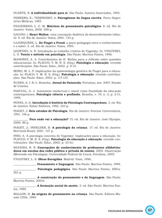 57PSICOLOGIA DA APRENDIZAGEM
DUARTE, N. A individualidade para si. São Paulo: Autores Associados, 1993.
FERRERO, E.; TEBEROSKY, A. Psicogênese da língua escrita. Porto Alegre:
Artes Médicas, 1985.
FIGUEIREDO, L. C. M. Matrizes do pensamento psicológico. 8. ed. Rio de
Janeiro: Vozes, 2000. 208 p.
GALVÃO, I. Henri Wallon: uma concepção dialética do desenvolvimento infan-
til. 9. ed. Rio de Janeiro: Vozes, 2001. 134 p.
LAJONQUÉRE, L. De Piaget a Freud: a psico-pedagogia entre o conhecimento
e o saber. 2. ed. Rio de Janeiro: Vozes, 1993.
LEONTIEV, A. N. Introdução ao trabalho criativo de Vygotsky. In: VYGOTSKY,
L. S. Teoria e método em psicologia. São Paulo: Martins Fontes, 1996.
MAHONEY, A. A. Contribuições de H. Wallon para a reflexão sobre questões
educacionais. In: PLACCO, V. M. N. S. (Org.). Psicologia e educação: revendo
contribuições. São Paulo: Educ, 2002. p. 9-31.
MORO, M. L. F. Implicações da epistemologia genética de Piaget para a educa-
ção. In: PLACO, V. M. N. S. (Org.). Psicologia e educação: revendo contribui-
ções. São Paulo: Educ, 2002. p. 117-137.
NUNES, A. I. B. L. Resenha. Jornal do Uniescola, Fortaleza, nov. 2007. Sessão
de Cinema.
PASCUAL, G. J. Autonomia intelectual e moral como finalidade da educação
contemporânea. Psicologia ciência e profissão, Brasília, v. 19, n. 3, p. 2-11,
1999.
PENNA, A. G. Introdução à história da Psicologia Contemporânea. 3. ed. Rio
de Janeiro: Zahar Editores, 1982. 323 p.
PIAGET, J. Seis estudos de Psicologia. Rio de Janeiro: Forense Universitária,
1991. 146 p.
_________. Para onde vai a educação? 15. ed. Rio de Janeiro: José Olympio,
2000. 80 p.
PIAGET, J.; INHELDER, B. A psicologia da criança. 17. ed. Rio de Janeiro:
Bertrand Brasil, 2001. 137 p.
PINO, A. A psicologia concreta de Vygotsky: implicações para a educação. In:
PLACCO, V. M. N. S. (Org.). Psicologia da educação e educação: revendo con-
tribuições. São Paulo: Educ, 2002. p. 33-61.
SILVEIRA, R. N. Concepções de conhecimento de professores alfabetiza-
dores em escolas das redes pública e privada de ensino. 2005. Dissertação
(Mestrado em Psicologia)- Universidade Federal do Ceará, Fortaleza, 2005.
VYGOTSKY, L. S. Obras Escogidas. Madrid: Visor, 1996.
______________. Pensamento e linguagem. São Paulo: Martins Fontes, 1999.
______________. Psicologia pedagógica. São Paulo: Martins Fontes, 2001a.
561 p.
______________. A construção do pensamento e da linguagem. São Paulo:
Martins Fontes, 2001b.
______________. A formação social da mente. 3. ed. São Paulo: Martins Fon-
tes, 1989.
WALLON, H. As origens do pensamento na criança. São Paulo: Editora Ma-
nole LTDA, 1989.
 