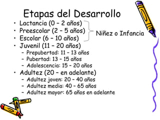 Etapas del Desarrollo
• Lactancia (0 – 2 años)
• Preescolar (2 – 5 años)
• Escolar (6 – 10 años)
• Juvenil (11 – 20 años)
– Prepubertad: 11 – 13 años
– Pubertad: 13 – 15 años
– Adolescencia: 15 – 20 años
• Adultez (20 – en adelante)
– Adultez joven: 20 – 40 años
– Adultez media: 40 – 65 años
– Adultez mayor: 65 años en adelante
Niñez o Infancia
 