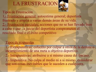 Tipos de Frustración 1 .- Frustración general : autoestima general; deportista frustrado y amplia a varias demás áreas de su vida. 2.- Frustración parciales;  acciones que no se han llevado bien a cabo y que , a juicio del deportista comprometen el resultado final o el éxito competitivo   LA FRUSTRACION Tipos de respuestas 1.- Extrapunitivas: esfuerzo por culpar a otros de la derrota o incumplimiento de una meta u objetivo deportivo. 2.- Intrapunitivas: atribuirse a si mismo causa del fracaso. 3.- Impunitiva: No culpa al medio ni a si mismo, considerar que son cosas inevitables que le suceden a cualquiera. 