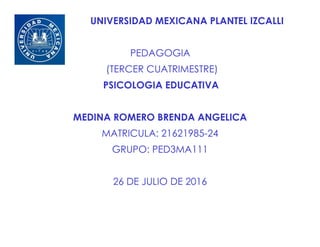 UNIVERSIDAD MEXICANA PLANTEL IZCALLI
PEDAGOGIA
(TERCER CUATRIMESTRE)
PSICOLOGIA EDUCATIVA
MEDINA ROMERO BRENDA ANGELICA
MATRICULA: 21621985-24
GRUPO: PED3MA111
26 DE JULIO DE 2016
 