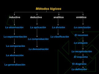 Métodos lógicos   inductivo   deductivo   analítico   sintético   La observación   La experimentación  La comparación  La abstracción  La generalización   La aplicación   La comprobación   La demostración   La división   La clasificación   La conclusión   El resumen   La sinopsis   La recapitulación   El esquema   El diagrama La definición   
