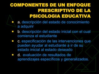 COMPONENTES DE UN ENFOQUE PRESCRIPTIVO DE LA PSICOLOGIA EDUCATIVA a.  descripción del  estado  de conocimiento a adquirir b . descripción del  estado  inicial con el cual comienza el estudiante  c.  especificación de las intervenciones que pueden ayudar al estudiante a ir de su estado inicial al estado deseado d.  evaluación de resultados de aprendizajes específicos y generalizados. 