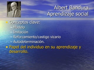Conceptos clave: Modelo Imitación Reforzamiento/castigo vicario Autodeterminación. Papel del individuo en su aprendizaje y desarrollo. Albert Bandura Aprendizaje social 