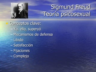 Conceptos clave: Yo, ello, superyó Mecanismos de defensa Libido  Satisfacción Fijaciones  Complejo Sigmund Freud Teoría psicosexual 