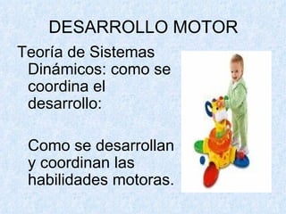 DESARROLLO MOTOR Teoría de Sistemas Dinámicos: como se coordina el desarrollo: Como se desarrollan y coordinan las habilidades motoras. 