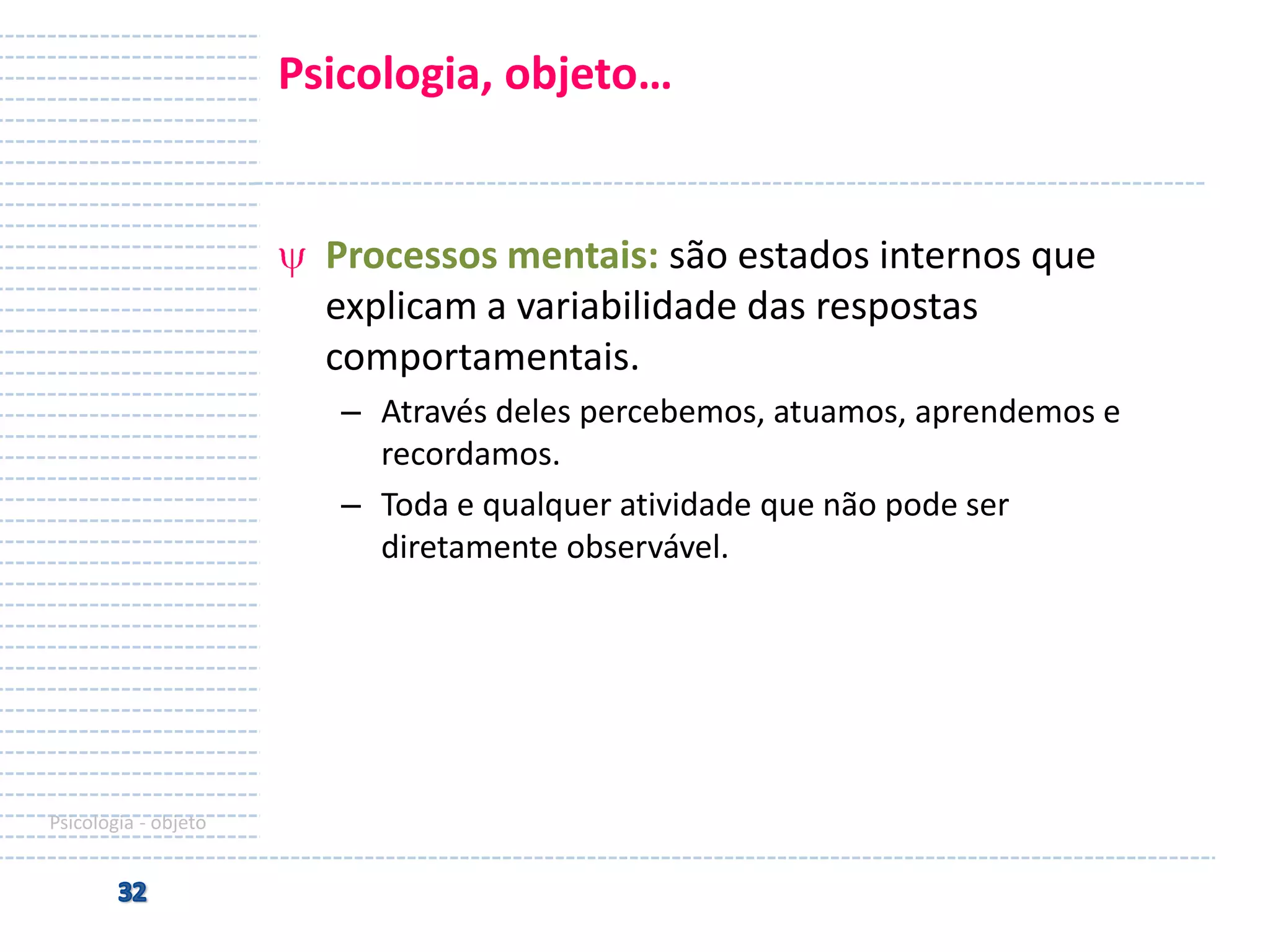 Psicologia, objeto…

Processos mentais: são estados internos que
explicam a variabilidade das respostas
comportamentais.
– Através deles percebemos, atuamos, aprendemos e
recordamos.
– Toda e qualquer atividade que não pode ser
diretamente observável.

Psicologia - objeto

 