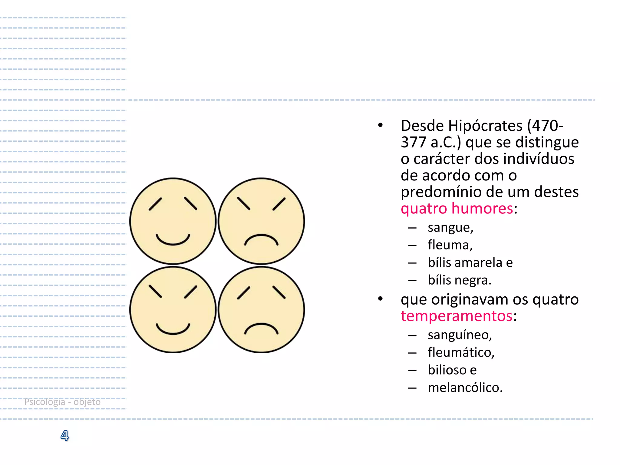 • Desde Hipócrates (470377 a.C.) que se distingue
o carácter dos indivíduos
de acordo com o
predomínio de um destes
quatro humores:
–
–
–
–

sangue,
fleuma,
bílis amarela e
bílis negra.

• que originavam os quatro
temperamentos:
–
–
–
–
Psicologia - objeto

sanguíneo,
fleumático,
bilioso e
melancólico.

 