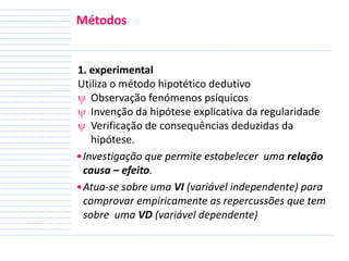 Métodos

1. experimental
Utiliza o método hipotético dedutivo
Observação fenómenos psíquicos
Invenção da hipótese explicativa da regularidade
Verificação de consequências deduzidas da
hipótese.
•Investigação que permite estabelecer uma relação
causa – efeito.
•Atua-se sobre uma VI (variável independente) para
comprovar empiricamente as repercussões que tem
sobre uma VD (variável dependente)

 