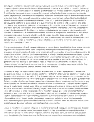 con alguien en el comité de promoción, es respetuoso y se asegura de que no mencione la promoción,
porque no quiere que el miembro vea sus motivos ulteriores para que se establezca la conexión. En cambio,
Q crea una conexión amistosa con la persona que habla sobre sus intereses o sobre los proyectos en los que
Q podría estar trabajando en ese momento. Q ha creado un fuerte vínculo con uno de los miembros del
comité de promoción. Este miembro ha empezado a desviarse para hablar con Q al menos una vez al día. Q
se dio cuenta de esto y comenzó a incorporar un sistema de recompensa y castigo. Q ve la debilidad del
miembro del comité para continuar esta conexión con Q, por lo que ahora puede usar esta información
para ayudarlo a obtener lo que desea. Si Q ve que el miembro del comité se está acercando a los otros
candidatos, puede comenzar a alejarse del otro miembro. Él puede decir que está ocupado o que no está
preparado para una conversación ahora. Lenta pero seguramente, esta táctica funcionará. Desconocido
para el miembro del comité, Q está usando tácticas subliminales que hacen que el miembro del comité
confíe en la amistad de Q. El miembro del comité ha notado que más personas en la oficina lo encuentran
más respetuoso porque tiene una relación con Q. Q, en esta situación, debe asegurarse de que esté
disponible solo cuando quiera estar disponible. Esto hará que el miembro del comité se dé cuenta de que Q
considera que su tiempo es importante, por lo que si habla con el miembro, el miembro siente que es
importante porque Q le da tiempo.
 
Ahora, centrémonos en cómo Q ha aprendido sobre el control de una situación al centrarse en una cena de
negocios con unos pocos clientes y otro compañero de trabajo llamado Stephen (que también está
preparado para la promoción). Q debe entrar en esta situación centrándose en cómo puede presentarse de
una manera atractiva. Como ya ha tomado control de su estilo y sus rasgos de personalidad, podrá ingresar
a la reunión de una manera tranquila e informal. Stephen, un competidor de la promoción, es una buena
persona, pero Q ha notado que Stephen es un extrovertido. A Stephen le gusta ser el centro de atención y
generalmente trata de dirigir la conversación hacia él y hacia su vida. Stephen ha tenido una vida
interesante, pero la mayoría de la gente encuentra su conversación cansada y ligeramente molesta. Él no
entiende las entradas sociales y tiende a hablar sobre otras personas.
 
Esta cena de negocios, sabe Q, será un desafío. Para empezar, Q debería llegar primero al restaurante,
asegurándose de que sea él quien salude a los clientes y a Stephen. Esto muestra a los clientes y Stephen que
tiene el control de esta situación social. Si Q se da cuenta de que Stephen ha terminado la conversación, Q
debería interrumpir cortésmente y mencionar que hay otras personas en la mesa a las que les gustaría hablar.
Debería manejar esta situación de una manera humorística, pero de una manera en que Stephen sepa que
sus acciones no son deseadas en la mesa. Si trata de retomar la conversación, Q debería alejar a Stephen
para una charla rápida y dejarle saber cómo sus acciones están afectando la cena en general. Si Stephen
responde enojado, Q no debería mostrar ningún signo de represalias. Debería mantener la calma y hacerle
saber a Stephen que su enojo no es apreciado. Lo importante es que Q necesita tener el control. Si un
extravertido nota que sus tácticas no son apreciadas o notadas, responderá de una de estas dos maneras.
Stephen podría reaccionar negativamente y proceder a aumentar su extraversión, lo que esencialmente
interrumpiría la cena y dejaría que los clientes vieran cuán poco profesional era, o podría responder
tranquilamente dejando que Q tomara el control de la cena. Cualquiera de los resultados de esta situación
es positivo para Q porque ha tenido un impacto positivo en los clientes.
 
Lo que es importante recordar en este paso es mantener el control. Si ha seguido los últimos pasos, debe ser
capaz de adaptarse efectivamente en cualquier situación social. Una vez que tiene el control total de la
forma en que piensa y la forma en que responde, está más preparado para usar técnicas persuasivas en
cada situación social en la que se encuentre. Tenga en cuenta su entorno, porque ese entorno debería
 