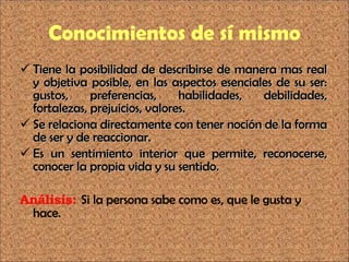 Conocimientos de sí mismo Tiene la posibilidad de describirse de manera mas real y objetiva posible, en las aspectos esenciales de su ser: gustos, preferencias, habilidades, debilidades, fortalezas, prejuicios, valores.  Se relaciona directamente con tener noción de la forma de ser y de reaccionar.  Es un sentimiento interior que permite, reconocerse, conocer la propia vida y su sentido.  Análisis:  Si la persona sabe como es, que le gusta y hace. 