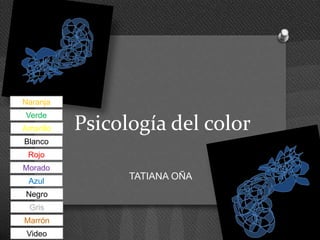 Psicología del color
TATIANA OÑA
Naranja
Verde
Amarillo
Blanco
Rojo
Morado
Azul
Video
Marrón
Gris
Negro
 