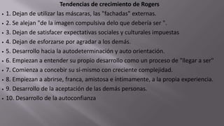 •
•
•
•
•
•
•
•
•
•

Tendencias de crecimiento de Rogers
1. Dejan de utilizar las máscaras, las "fachadas" externas.
2. Se alejan "de la imagen compulsiva delo que debería ser ".
3. Dejan de satisfacer expectativas sociales y culturales impuestas
4. Dejan de esforzarse por agradar a los demás.
5. Desarrollo hacia la autodeterminación y auto orientación.
6. Empiezan a entender su propio desarrollo como un proceso de "llegar a ser"
7. Comienza a concebir su sí-mismo con creciente complejidad.
8. Empiezan a abrirse, franca, amistosa e íntimamente, a la propia experiencia.
9. Desarrollo de la aceptación de las demás personas.
10. Desarrollo de la autoconfianza

 