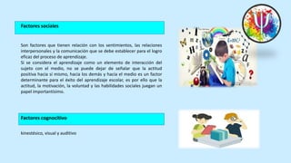 Son factores que tienen relación con los sentimientos, las relaciones
interpersonales y la comunicación que se debe establecer para el logro
eficaz del proceso de aprendizaje.
Si se considera el aprendizaje como un elemento de interacción del
sujeto con el medio, no se puede dejar de señalar que la actitud
positiva hacia sí mismo, hacia los demás y hacia el medio es un factor
determinante para el éxito del aprendizaje escolar, es por ello que la
actitud, la motivación, la voluntad y las habilidades sociales juegan un
papel importantísimo.
Factores sociales
kinestésico, visual y auditivo
Factores cognocitivo
 