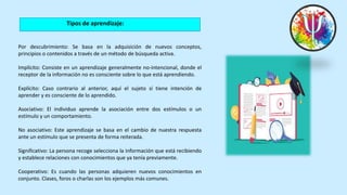 Tipos de aprendizaje:
Por descubrimiento: Se basa en la adquisición de nuevos conceptos,
principios o contenidos a través de un método de búsqueda activa.
Implícito: Consiste en un aprendizaje generalmente no-intencional, donde el
receptor de la información no es consciente sobre lo que está aprendiendo.
Explícito: Caso contrario al anterior, aquí el sujeto sí tiene intención de
aprender y es consciente de lo aprendido.
Asociativo: El individuo aprende la asociación entre dos estímulos o un
estímulo y un comportamiento.
No asociativo: Este aprendizaje se basa en el cambio de nuestra respuesta
ante un estímulo que se presenta de forma reiterada.
Significativo: La persona recoge selecciona la información que está recibiendo
y establece relaciones con conocimientos que ya tenía previamente.
Cooperativo: Es cuando las personas adquieren nuevos conocimientos en
conjunto. Clases, foros o charlas son los ejemplos más comunes.
 