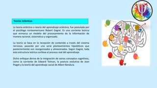 Teorías Eclécticas
La teoría ecléctica o teoría del aprendizaje ecléctico, fue postulada por
el psicólogo norteamericano Robert Gagné. Es una corriente teórica
que enmarca un modelo del procesamiento de la información de
manera racional, sistemática y organizada.
La teoría se basa en la recepción de contenido a través del sistema
nervioso, pasando por una serie planteamientos hipotéticos que
posteriormente son reorganizados y almacenados. Según Gagné, toda
esta estructura teórica conlleva al proceso real del aprendizaje.
Dicho enfoque deriva de la integración de varios conceptos cognitivos,
como la corriente de Edward Tolman, la postura evolutiva de Jean
Piaget y la teoría del aprendizaje social de Albert Bandura.
 