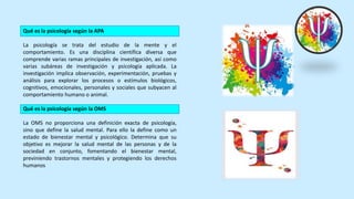 Qué es la psicología según la APA
La psicología se trata del estudio de la mente y el
comportamiento. Es una disciplina científica diversa que
comprende varias ramas principales de investigación, así como
varias subáreas de investigación y psicología aplicada. La
investigación implica observación, experimentación, pruebas y
análisis para explorar los procesos o estímulos biológicos,
cognitivos, emocionales, personales y sociales que subyacen al
comportamiento humano o animal.
Qué es la psicología según la OMS
La OMS no proporciona una definición exacta de psicología,
sino que define la salud mental. Para ello la define como un
estado de bienestar mental y psicológico. Determina que su
objetivo es mejorar la salud mental de las personas y de la
sociedad en conjunto, fomentando el bienestar mental,
previniendo trastornos mentales y protegiendo los derechos
humanos
 