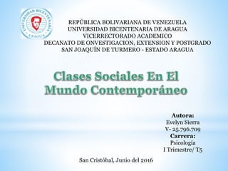 REPÚBLICA BOLIVARIANA DE VENEZUELA
UNIVERSIDAD BICENTENARIA DE ARAGUA
VICERRECTORADO ACADEMICO
DECANATO DE ONVESTIGACION, EXTENSION Y POSTGRADO
SAN JOAQUÍN DE TURMERO - ESTADO ARAGUA
Autora:
Evelyn Sierra
V- 25.796.709
Carrera:
Psicología
I Trimestre/ T5
San Cristóbal, Junio del 2016
 