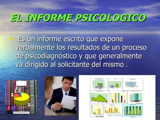 EL INFORME PSICOLOGICO   Es un informe escrito que expone verbalmente los resultados de un proceso de psicodiagnóstico y que generalmente va dirigido al solicitante del mismo  . 