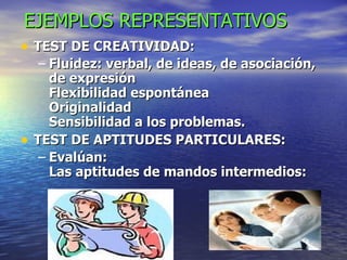 EJEMPLOS REPRESENTATIVOS TEST DE CREATIVIDAD:   Fluidez: verbal, de ideas, de asociación, de expresión Flexibilidad espontánea Originalidad Sensibilidad a los problemas.   TEST DE APTITUDES PARTICULARES: Evalúan: Las aptitudes de mandos intermedios:   