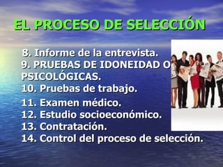 EL PROCESO DE SELECCIÓN 8. Informe de la entrevista. 9. PRUEBAS DE IDONEIDAD O PSICOLÓGICAS. 10. Pruebas de trabajo. 11. Examen médico. 12. Estudio socioeconómico. 13. Contratación. 14. Control del proceso de selección. 
