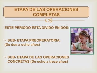 
ETAPA DE LAS OPERACIONES
COMPLETAS
ESTE PERIODO ESTA DIVIDO EN DOS:
• SUB- ETAPA PREOPERATORIA
(De dos a ocho años)
• SUB- ETAPA DE LAS OPERACIONES
CONCRETAS (De ocho a trece años)
 