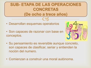 
SUB- ETAPA DE LAS OPERACIONES
CONCRETAS
(De ocho a trece años)
• Desarrollan esquemas operatorios
• Son capaces de razonar con base en
conceptos.
• Su pensamiento es reversible aunque concreto,
son capaces de clasificar, seriar y entienden la
noción del numero.
• Comienzan a construir una moral autónoma.
 