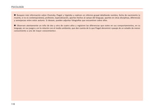 116
PSICOLOGÍA
 Busquen más información sobre Chomsky, Piaget y Vigotsky y realicen un informe grupal detallando nombre, fecha de nacimiento (y
muerte, si no es contemporáneo), profesión, especialización, aportes hechos al campo del lenguaje, aportes en otras disciplinas, diferencias
y semejanzas entre estos autores. Si desean, pueden adjuntar fotografías que encuentren sobre ellos.
 Observen atentamente un niño de dos y otro de cuatro años y registren las diferencias que notes en sus comportamientos, en su
lenguaje, en sus juegos y en la relación con el medio ambiente, que den cuenta de lo que Piaget denominó «pasaje de un estadio de menor
conocimiento a uno de mayor conocimiento».
 