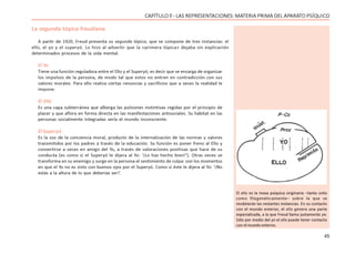 45
CAPÍTULO ll - LAS REPRESENTACIONES: MATERIA PRIMA DEL APARATO PSÍQUICO
La segunda tópica freudiana
A partir de 1920, Freud presenta su segunda tópica, que se compone de tres instancias: el
ello, el yo y el superyó. Lo hizo al advertir que la «primera tópica» dejaba sin explicación
determinados procesos de la vida mental.
El Yo
Tiene una función reguladora entre el Ello y el Superyó; es decir que se encarga de organizar
los impulsos de la persona, de modo tal que estos no entren en contradicción con sus
valores morales. Para ello realiza ciertas renuncias y sacrificios que a veces la realidad le
impone.
El Ello
Es una capa subterránea que alberga las pulsiones instintivas regidas por el principio de
placer y que aflora en forma directa en las manifestaciones antisociales. Su hábitat en las
personas socialmente integradas sería el mundo inconsciente.
El Superyó
Es la voz de la conciencia moral, producto de la internalización de las normas y valores
transmitidos por los padres a través de la educación. Su función es poner freno al Ello y
convertirse a veces en amigo del Yo, a través de valoraciones positivas que hace de su
conducta (es como si el Superyó le dijera al Yo: ‘¡Lo has hecho bien!’). Otras veces se
transforma en su enemigo y surge en la persona el sentimiento de culpa: son los momentos
en que el Yo no es visto con buenos ojos por el Superyó. Como si éste le dijera al Yo: ‘¡No
estás a la altura de lo que deberías ser!’.
El ello es la masa psíquica originaria –tanto onto
como filogenéticamente– sobre la que se
modelarán las restantes instancias. En su contacto
con el mundo exterior, el ello genera una parte
especializada, a la que Freud llama justamente yo.
Sólo por medio del yo el ello puede tener contacto
con el mundo externo.
 