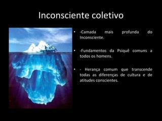 Inconsciente coletivo -Camada mais profunda do Inconsciente. -Fundamentos da Psiquê comuns a todos os homens. - Herança comum que transcende todas as diferenças de cultura e de atitudes conscientes. 