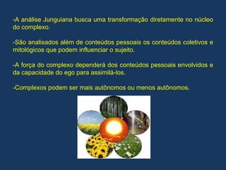 -A análise Junguiana busca uma transformação diretamente no núcleo do complexo. -São analisados além de conteúdos pessoais os conteúdos coletivos e mitológicos que podem influenciar o sujeito. -A força do complexo dependerá dos conteúdos pessoais envolvidos e da capacidade do ego para assimilá-los. -Complexos podem ser mais autônomos ou menos autônomos. 