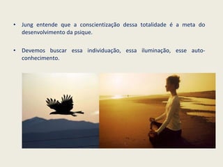 Jung entende que a conscientização dessa totalidade é a meta do desenvolvimento da psique. Devemos buscar essa individuação, essa iluminação, esse auto-conhecimento. 