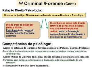 Ψ Criminal /Forense (Cont.) 
Relação Direito/Psicologia: 
Sistema de justiça. Situa-se na confluência entre o Direito e a Psicologia 
Direito trata do dever ser 
(lícito e ilícito); 
Psicologia trata do ser do 
comportamento (normal e 
anormal) 
Competências do psicólogo: 
-Apoiar na selecção de técnicos e formação pessoal de Polícias, Guardas Prisionais 
-Fazer diagnóstico de reclusos que apresentem perturbações comportamentais e 
psicológicas; 
-Apoiar vítimas de violência doméstica, abusos sexuais, outras formas de coacção; 
-Participar com outros profissionais no diagnóstico da imputabilidade de um 
acusado; 
-Testemunhar em tribunal como especialista. 
O combate ao crime pelo Direito 
através de penas mais severas 
não traz a diminuição dos 
delitos, assim a Psicologia 
procura formas de abordagem e 
de actuação complementares 
 