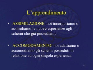 L’apprendimento
• ASSIMILAZIONE: noi incorporiamo o
assimiliamo le nuove esperienze agli
schemi che già possediamo
• ACCOMODAMENTO: noi adattiamo o
accomodiamo gli schemi posseduti in
relazione ad ogni singola esperienza
12
 