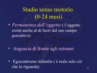 Stadio senso motorio
(0-24 mesi)
• Permanenza dell’oggetto ( l’oggetto
esiste anche al di fuori dal suo campo
percettivo)
• Angoscia di fronte agli estranei
• Egocentrismo infantile ( è reale solo ciò
che lo riguarda) 16
 