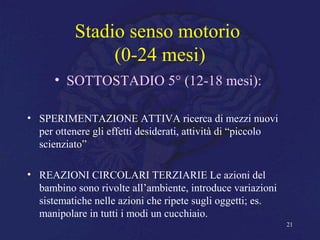 Stadio senso motorio
(0-24 mesi)
• SOTTOSTADIO 5° (12-18 mesi):
• SPERIMENTAZIONE ATTIVA ricerca di mezzi nuovi
per ottenere gli effetti desiderati, attività di “piccolo
scienziato”
• REAZIONI CIRCOLARI TERZIARIE Le azioni del
bambino sono rivolte all’ambiente, introduce variazioni
sistematiche nelle azioni che ripete sugli oggetti; es.
manipolare in tutti i modi un cucchiaio.
21
 