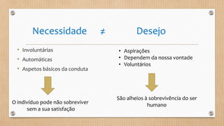 Necessidade ≠ Desejo
• Involuntárias
• Automáticas
• Aspetos básicos da conduta
• Aspirações
• Dependem da nossa vontade
• Voluntários
O indivíduo pode não sobreviver
sem a sua satisfação
São alheios à sobrevivência do ser
humano
 