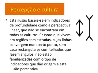 Percepção e cultura
• Esta ilusão baseia-se em indicadores
de profundidade como a perspectiva
linear, que não se encontram em
todas as culturas. Pessoas que vivem
em regiões sem estradas, cujas linhas
convergem num certo ponto, sem
casa rectangulares com telhados que
fazem ângulos, não estão
familiarizadas com o tipo de
indicadores que dão origem a esta
ilusão perceptiva.
 
