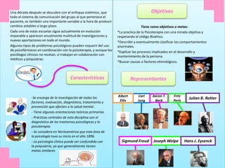 -Se encarga de la investigación de todos los
factores, evaluación, diagnóstico, tratamiento y
prevención que afecten a la salud mental .
- Tiene algunas orientaciones teóricas primarias.
- Prácticas centrales de esta disciplina son el
diagnóstico de los trastornos psicológicos y la
psicoterapia.
- Se considera en Norteamérica que esta área de
la psicología tuvo su inicio en el año 1896.
- La psicología clínica puede ser confundida con
la psiquiatría, ya que generalmente tienen
metas similares
Una década después se descubre con el enfoque sistémico, que
todo el sistema de comunicación del grupo al que pertenece el
paciente, es también una importante variable a la hora de producir
cambios estables a largo plazo.
Cada una de estas escuelas sigue actualmente en evolución
imparable y aparecen anualmente multitud de investigaciones y
nuevas aportaciones en todo el mundo.
Algunos tipos de problemas psicológicos pueden requerir del uso
de psicofármacos en combinación con la psicoterapia, y aunque los
psicólogos clínicos no recetan, si trabajan en colaboración con
médicos y psiquiatras.
Tiene como objetivos o metas:
*La practica de la Psicoterapia con una mirada objetiva y
respetando el código Bioético.
*Describir y eventualmente clasificar los comportamientos
anormales.
*Explicar los procesos implicados en el desarrollo y
mantenimiento de la persona.
*Buscar causas o factores etimológicos.
Características
Objetivos
Representantes
Carl
Jung
Aaron T.
Beck
Fritz
Perls
Julian B. Rotter
Joseph Wolpe
Albert
Ellis
Hans J. EysenckSigmund Freud
 