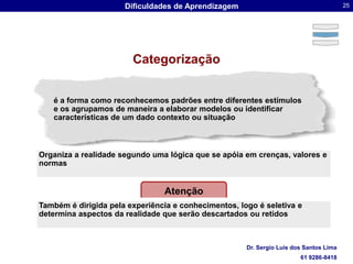 é a forma como reconhecemos padrões entre diferentes estímulos e os agrupamos de maneira a elaborar modelos ou identificar características de um dado contexto ou situaçãoAtençãoTambém é dirigida pela experiência e conhecimentos, logo é seletiva e determina aspectos da realidade que serão descartados ou retidosCategorizaçãoOrganiza a realidade segundo uma lógica que se apóia em crenças, valores e normas
