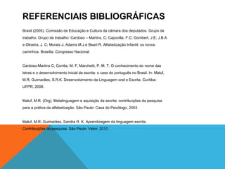 REFERENCIAIS BIBLIOGRÁFICAS
Brasil (2005). Comissão de Educação e Cultura da câmara dos deputados. Grupo de
trabalho. Grupo de trabalho: Cardoso – Martins, C; Capovilla, F.C; Gombert, J.E; J.B.A
e Oliveira, J. C; Morais J; Adams M.J e Beart R. Alfabetização Infantil: os novos
caminhos. Brasília: Congresso Nacional.
Cardoso-Martins C; Corrêa, M. F; Marchetti, P. M. T. O conhecimento do nome das
letras e o desenvolvimento inicial da escrita: o caso do português no Brasil. In: Maluf,
M.R; Guimarães, S.R.K. Desenvolvimento da Linguagem oral e Escrita. Curitiba:
UFPR, 2008.
Maluf, M.R. (Org). Metalinguagem e aquisição da escrita: contribuições da pesquisa
para a prática da alfabetização. São Paulo: Casa do Psicólogo, 2003.
Maluf, M.R; Guimarães, Sandra R. K. Aprendizagem da linguagem escrita.
Contribuições da pesquisa. São Paulo: Vetor, 2010.
 
